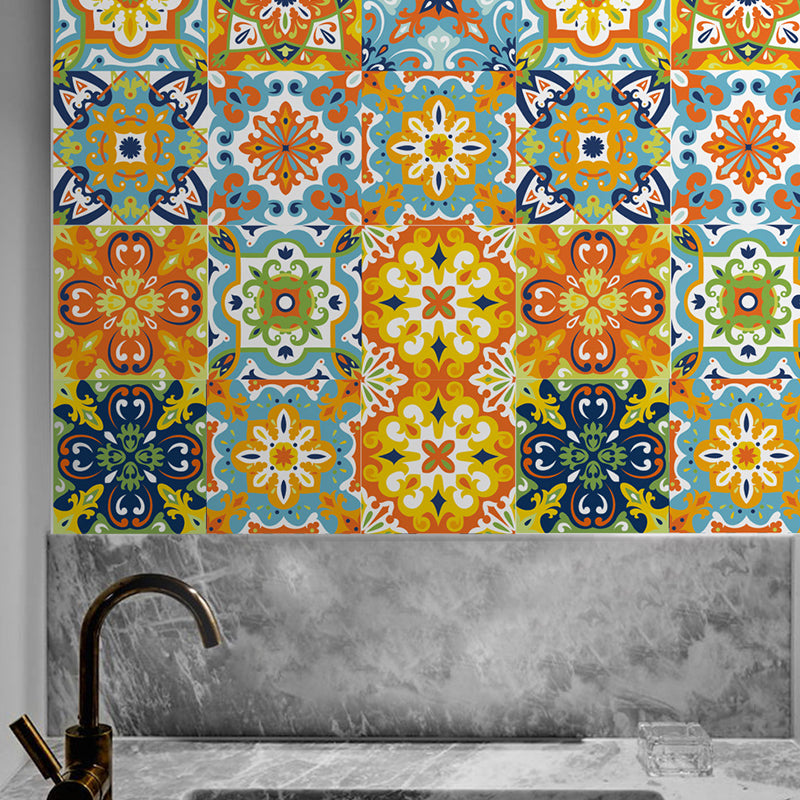 Tribal Floral Pattern Wallpaper Panel for Bathroom Adhesive Geometric Wall Decor, 4.3-sq ft Blue-Orange-Yellow Clearhalo 'Wall Decor' 'Wallpaper' 1425216