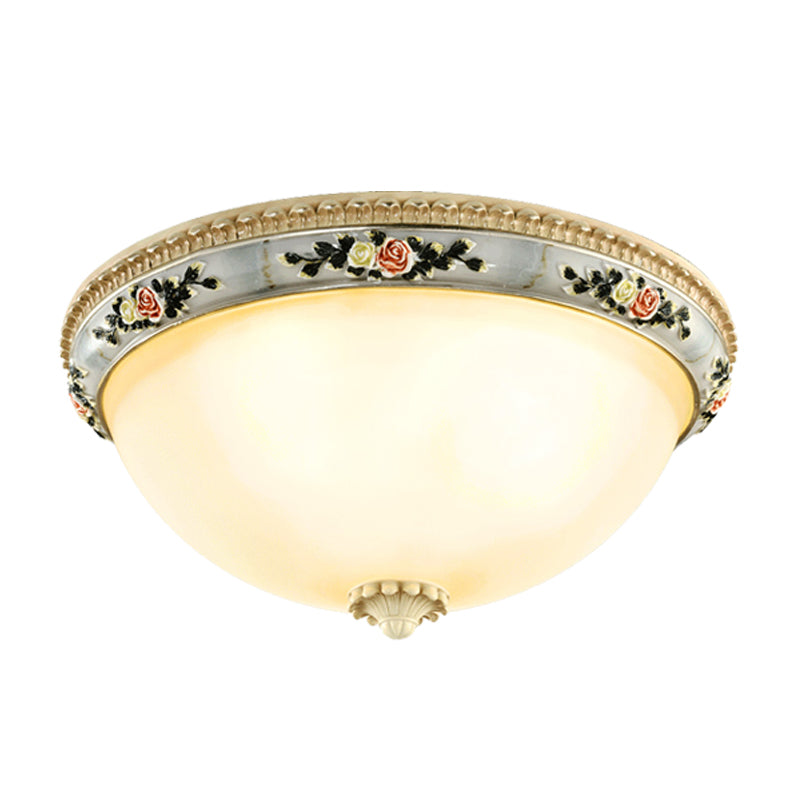 2/3-Head Dome Flush Mount Countryside Opal Glass Grey Ceiling Light Fixture with Floral Trim Decor, 14"/16"/18" Wide Clearhalo 'Ceiling Lights' 'Close To Ceiling Lights' 'Close to ceiling' 'Flush mount' Lighting' 1425314