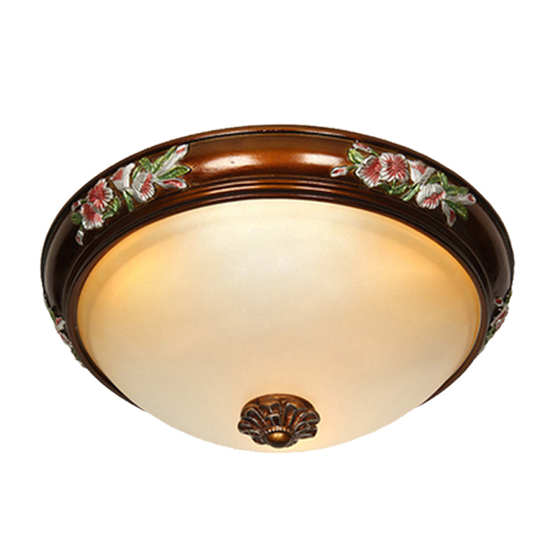 Dome Shape Frosted Glass Ceiling Flush Vintage 12"/16"/19.5" W 3 Bulbs Bedroom Flush Light Fixture with Blossom Design in Brown Clearhalo 'Ceiling Lights' 'Close To Ceiling Lights' 'Close to ceiling' 'Flush mount' Lighting' 1425320