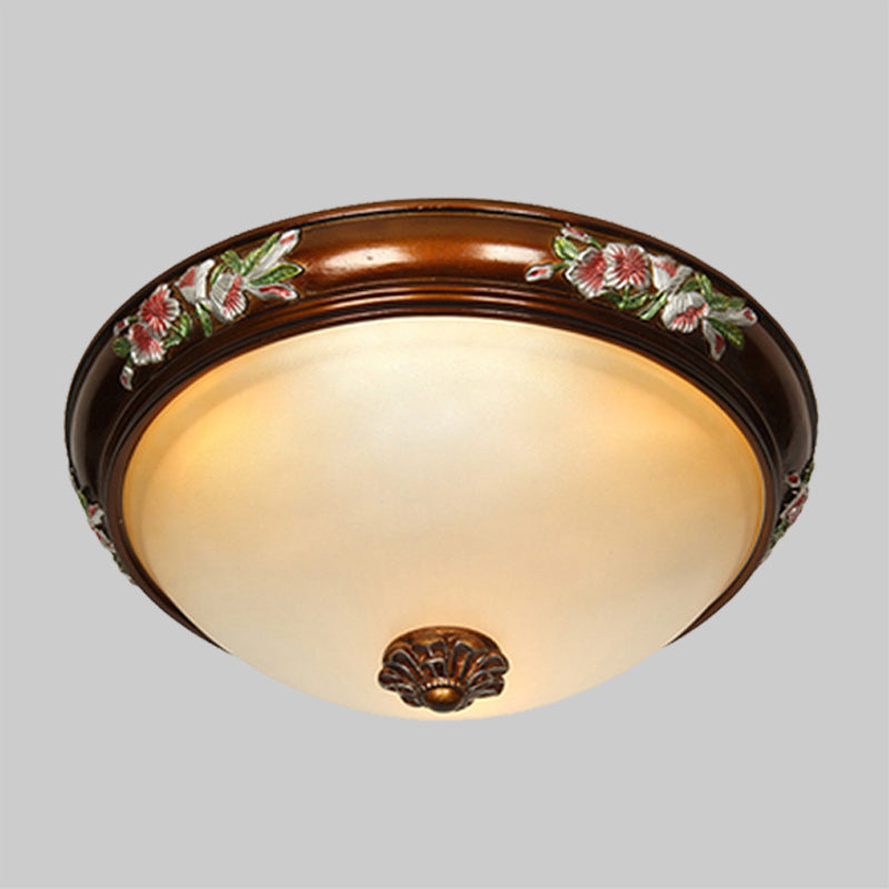 Dome Shape Frosted Glass Ceiling Flush Vintage 12"/16"/19.5" W 3 Bulbs Bedroom Flush Light Fixture with Blossom Design in Brown Clearhalo 'Ceiling Lights' 'Close To Ceiling Lights' 'Close to ceiling' 'Flush mount' Lighting' 1425321