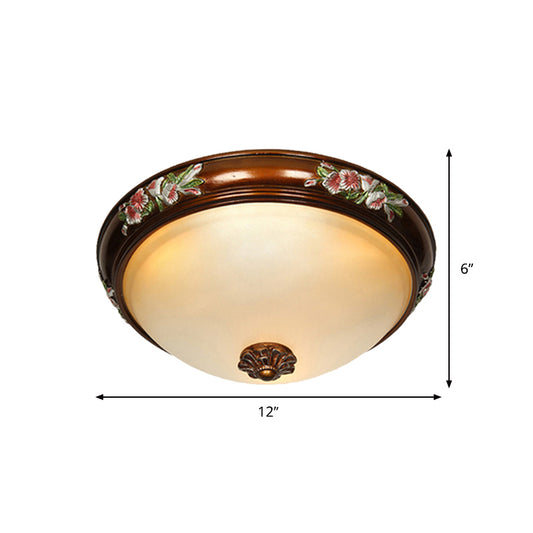 Dome Shape Frosted Glass Ceiling Flush Vintage 12"/16"/19.5" W 3 Bulbs Bedroom Flush Light Fixture with Blossom Design in Brown Clearhalo 'Ceiling Lights' 'Close To Ceiling Lights' 'Close to ceiling' 'Flush mount' Lighting' 1425322