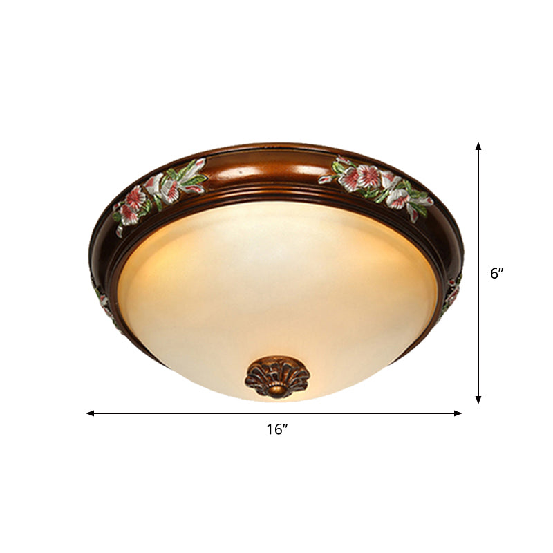 Dome Shape Frosted Glass Ceiling Flush Vintage 12"/16"/19.5" W 3 Bulbs Bedroom Flush Light Fixture with Blossom Design in Brown Clearhalo 'Ceiling Lights' 'Close To Ceiling Lights' 'Close to ceiling' 'Flush mount' Lighting' 1425323