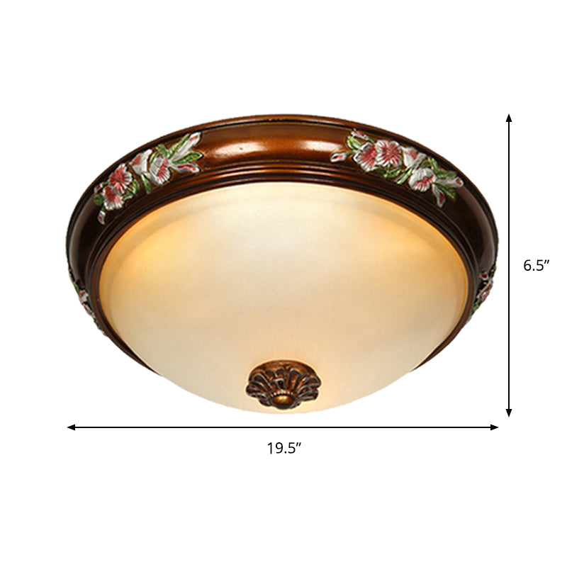 Dome Shape Frosted Glass Ceiling Flush Vintage 12"/16"/19.5" W 3 Bulbs Bedroom Flush Light Fixture with Blossom Design in Brown Clearhalo 'Ceiling Lights' 'Close To Ceiling Lights' 'Close to ceiling' 'Flush mount' Lighting' 1425324