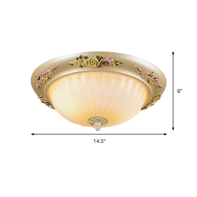 Beige 2/3-Head Flush Light Farmhouse Fluted Glass Domed Ceiling Lighting, 12.5"/14.5"/19" Width Clearhalo 'Ceiling Lights' 'Close To Ceiling Lights' 'Close to ceiling' 'Flush mount' Lighting' 1425329