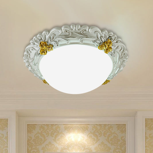 Milky Glass Semi-Orb Ceiling Fixture Traditional LED Corridor Flush Mount Lighting with Floral Edge in White and Gold/Brown White-Gold Clearhalo 'Ceiling Lights' 'Close To Ceiling Lights' 'Close to ceiling' 'Flush mount' Lighting' 1425331