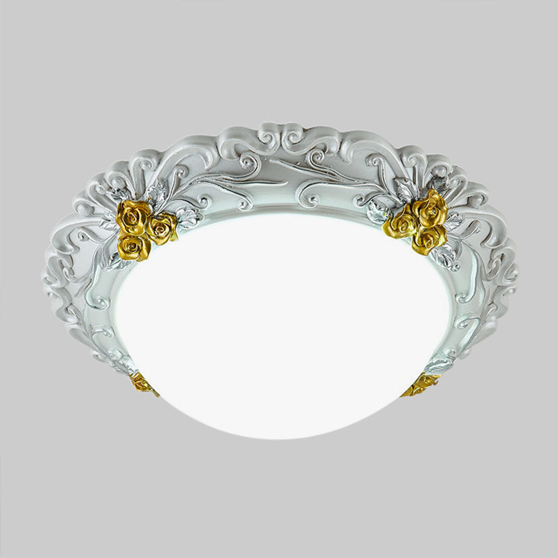 Milky Glass Semi-Orb Ceiling Fixture Traditional LED Corridor Flush Mount Lighting with Floral Edge in White and Gold/Brown Clearhalo 'Ceiling Lights' 'Close To Ceiling Lights' 'Close to ceiling' 'Flush mount' Lighting' 1425333