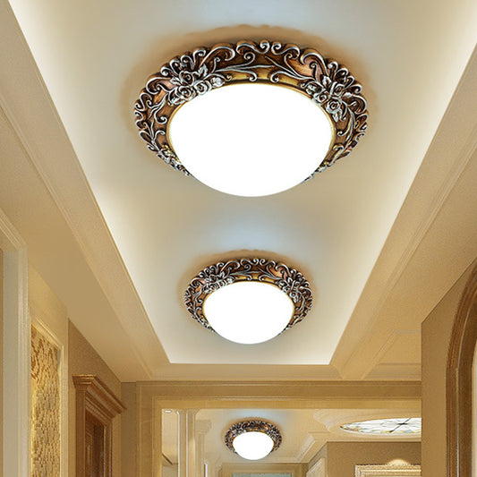 Milky Glass Semi-Orb Ceiling Fixture Traditional LED Corridor Flush Mount Lighting with Floral Edge in White and Gold/Brown Brown Clearhalo 'Ceiling Lights' 'Close To Ceiling Lights' 'Close to ceiling' 'Flush mount' Lighting' 1425335