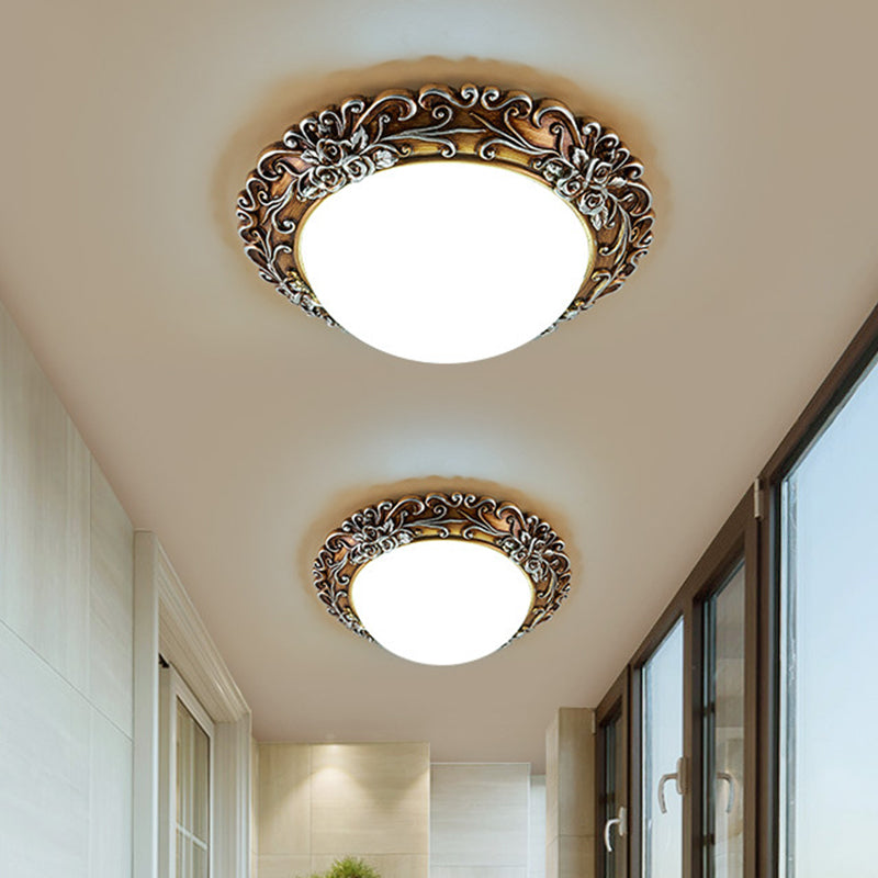 Milky Glass Semi-Orb Ceiling Fixture Traditional LED Corridor Flush Mount Lighting with Floral Edge in White and Gold/Brown Clearhalo 'Ceiling Lights' 'Close To Ceiling Lights' 'Close to ceiling' 'Flush mount' Lighting' 1425336