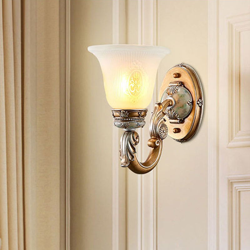 1/2-Head Wall Sconce Traditional Bell Shape Fluted Opal Glass Wall Lighting Idea in Brown 1.0 Brown Clearhalo 'Wall Lamps & Sconces' 'Wall Lights' Lighting' 1425343