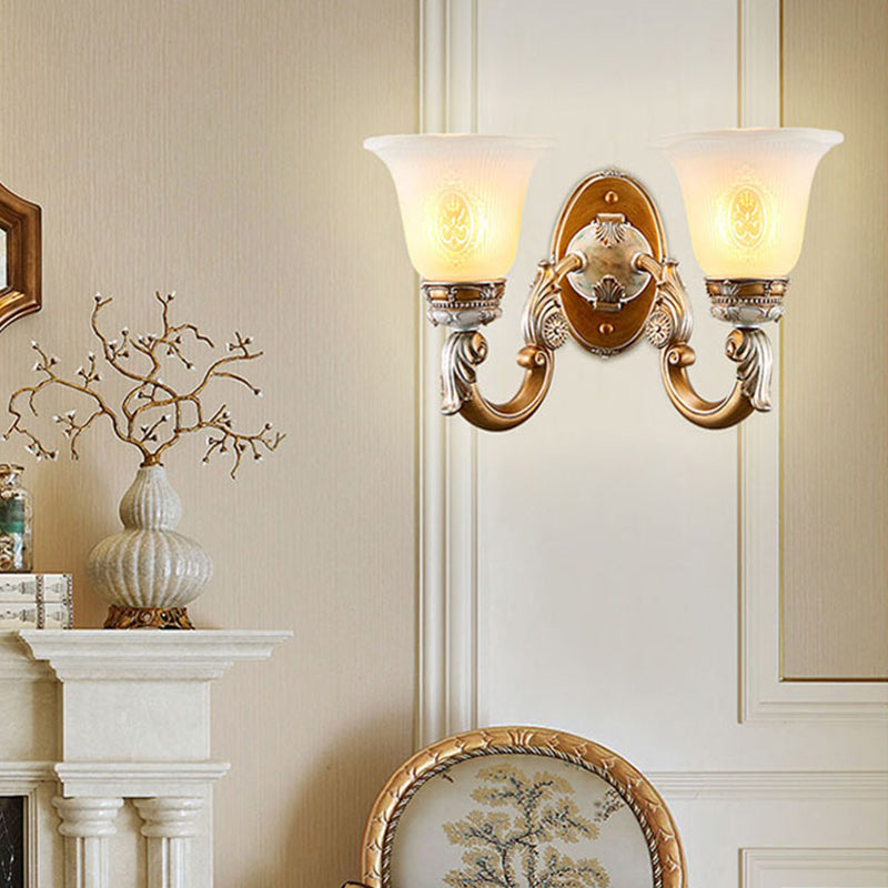 1/2-Head Wall Sconce Traditional Bell Shape Fluted Opal Glass Wall Lighting Idea in Brown 2.0 Brown Clearhalo 'Wall Lamps & Sconces' 'Wall Lights' Lighting' 1425347