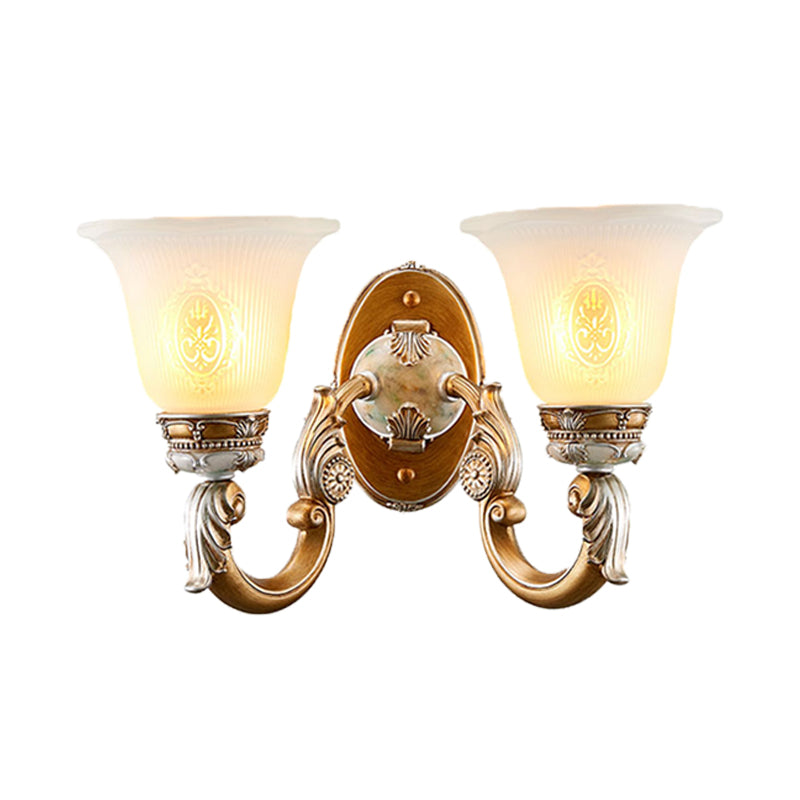 1/2-Head Wall Sconce Traditional Bell Shape Fluted Opal Glass Wall Lighting Idea in Brown Clearhalo 'Wall Lamps & Sconces' 'Wall Lights' Lighting' 1425349