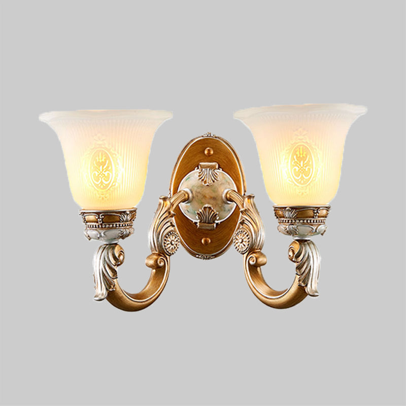 1/2-Head Wall Sconce Traditional Bell Shape Fluted Opal Glass Wall Lighting Idea in Brown Clearhalo 'Wall Lamps & Sconces' 'Wall Lights' Lighting' 1425350