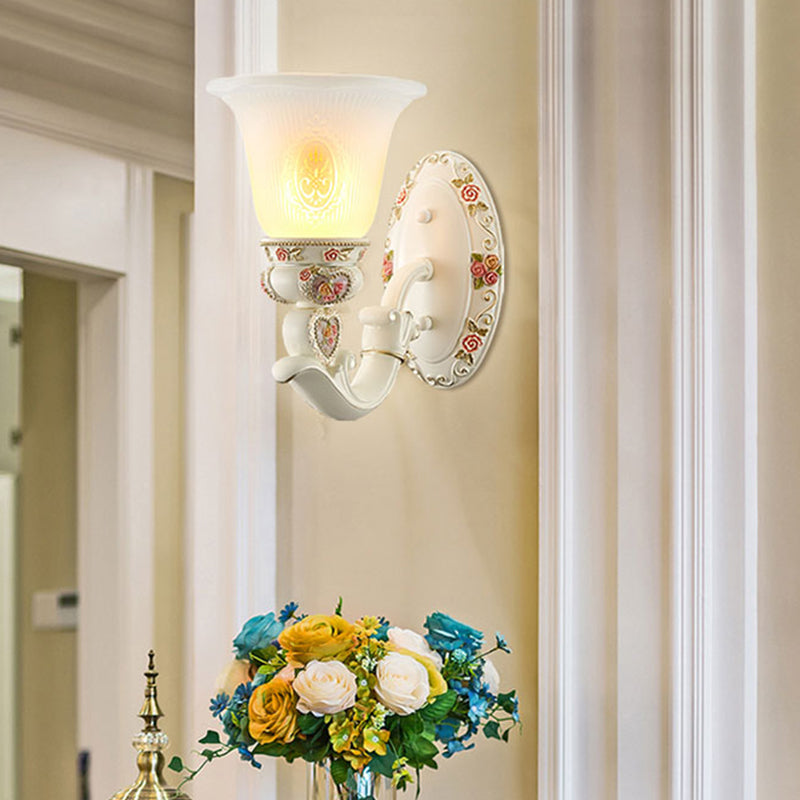 Conical Living Room Sconce Light Countryside Ribbed Milky Glass 1/2-Bulb White Wall Lighting Fixture with Floral Decor 1.0 White Clearhalo 'Wall Lamps & Sconces' 'Wall Lights' Lighting' 1425352