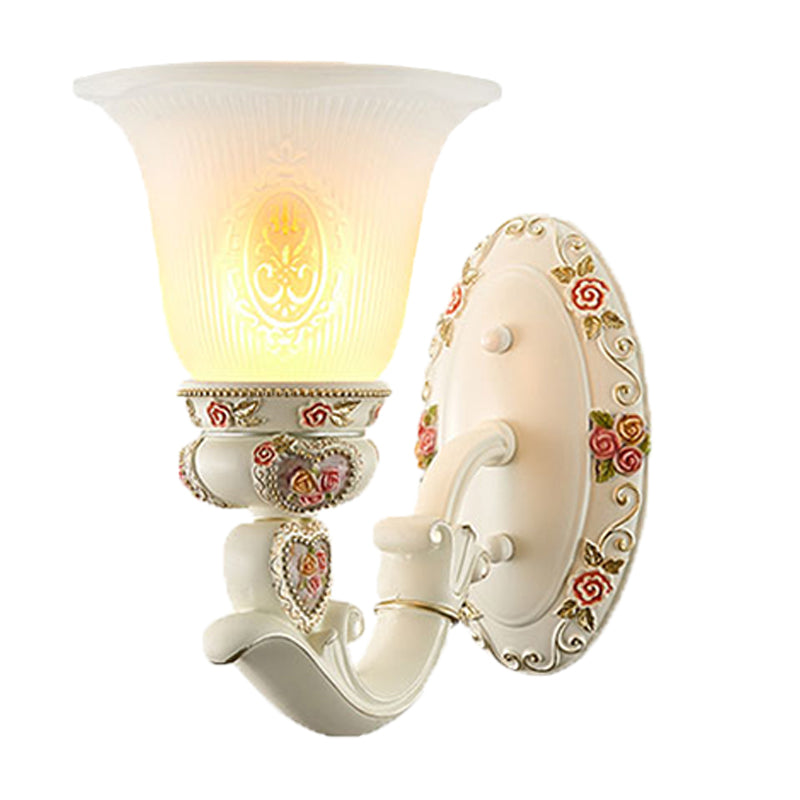 Conical Living Room Sconce Light Countryside Ribbed Milky Glass 1/2-Bulb White Wall Lighting Fixture with Floral Decor Clearhalo 'Wall Lamps & Sconces' 'Wall Lights' Lighting' 1425353