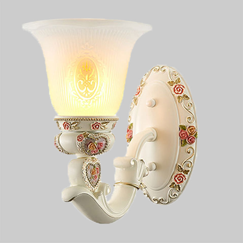 Conical Living Room Sconce Light Countryside Ribbed Milky Glass 1/2-Bulb White Wall Lighting Fixture with Floral Decor Clearhalo 'Wall Lamps & Sconces' 'Wall Lights' Lighting' 1425354