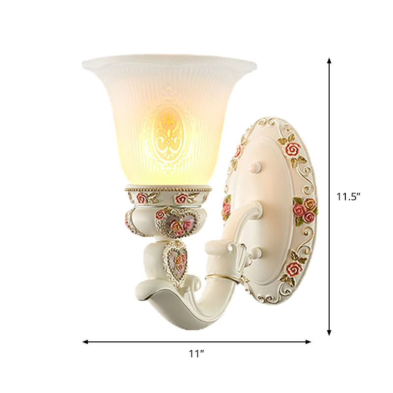 Conical Living Room Sconce Light Countryside Ribbed Milky Glass 1/2-Bulb White Wall Lighting Fixture with Floral Decor Clearhalo 'Wall Lamps & Sconces' 'Wall Lights' Lighting' 1425355