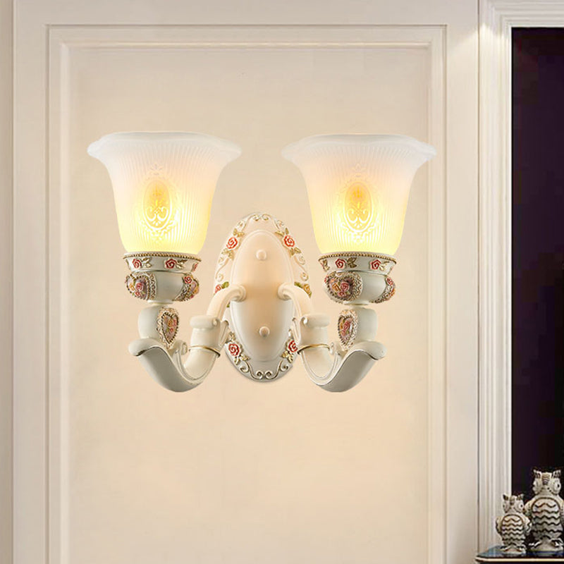 Conical Living Room Sconce Light Countryside Ribbed Milky Glass 1/2-Bulb White Wall Lighting Fixture with Floral Decor Clearhalo 'Wall Lamps & Sconces' 'Wall Lights' Lighting' 1425357