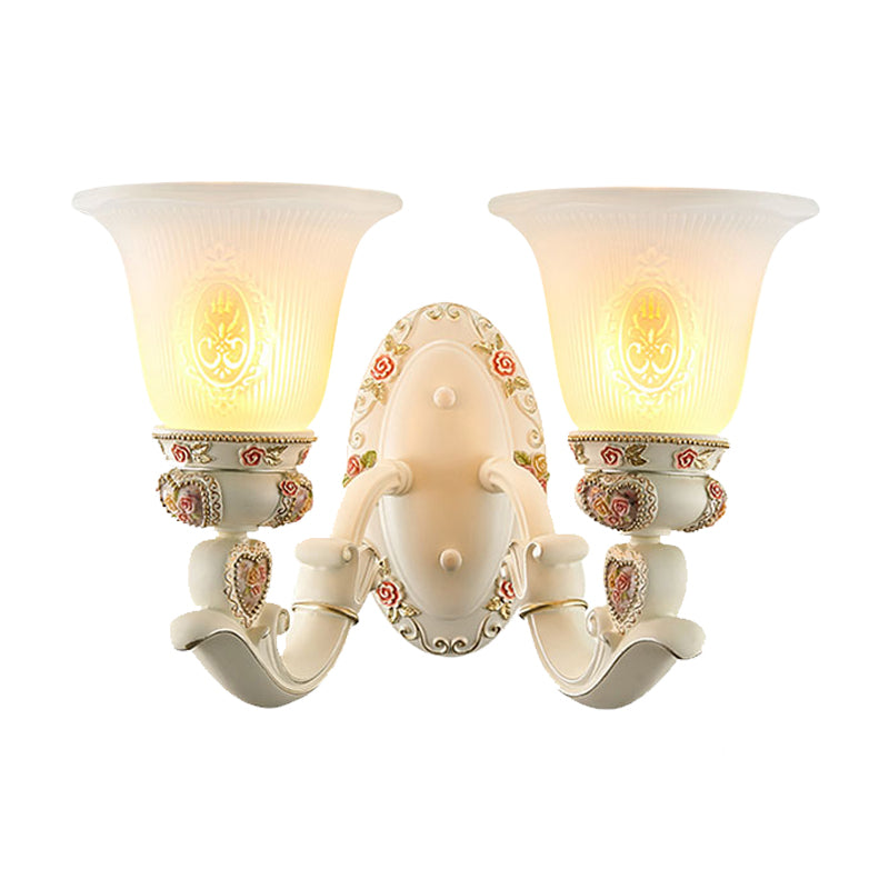 Conical Living Room Sconce Light Countryside Ribbed Milky Glass 1/2-Bulb White Wall Lighting Fixture with Floral Decor Clearhalo 'Wall Lamps & Sconces' 'Wall Lights' Lighting' 1425358