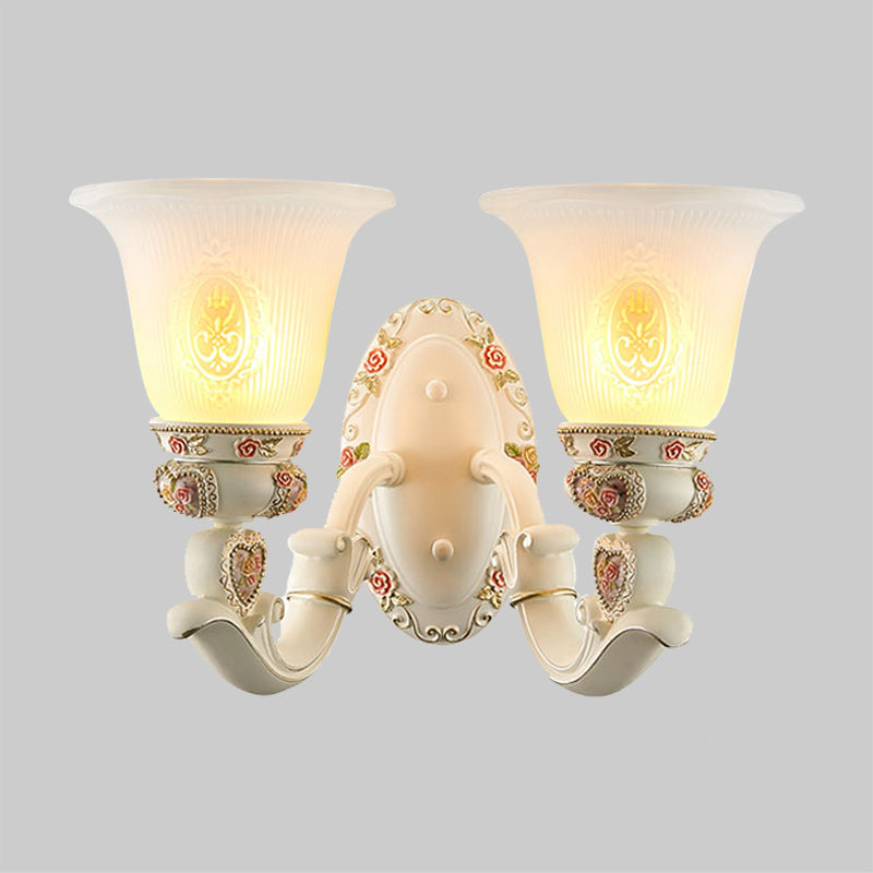 Conical Living Room Sconce Light Countryside Ribbed Milky Glass 1/2-Bulb White Wall Lighting Fixture with Floral Decor Clearhalo 'Wall Lamps & Sconces' 'Wall Lights' Lighting' 1425359