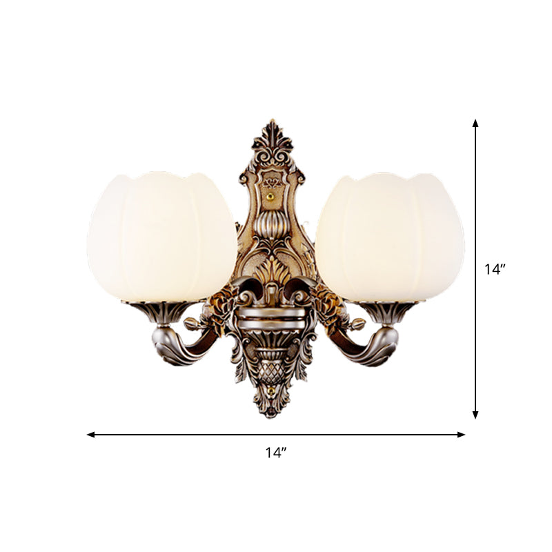 Frosted Glass Bloom Wall Lighting Vintage 1/2-Head Living Room Wall Light Sconce with Curved Arm in Coffee Clearhalo 'Wall Lamps & Sconces' 'Wall Lights' Lighting' 1425368