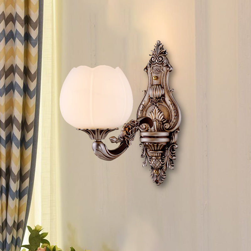 Frosted Glass Bloom Wall Lighting Vintage 1/2-Head Living Room Wall Light Sconce with Curved Arm in Coffee 1.0 Coffee Clearhalo 'Wall Lamps & Sconces' 'Wall Lights' Lighting' 1425369