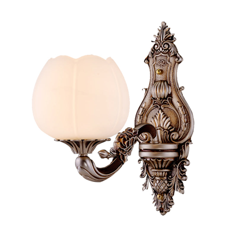 Frosted Glass Bloom Wall Lighting Vintage 1/2-Head Living Room Wall Light Sconce with Curved Arm in Coffee Clearhalo 'Wall Lamps & Sconces' 'Wall Lights' Lighting' 1425371