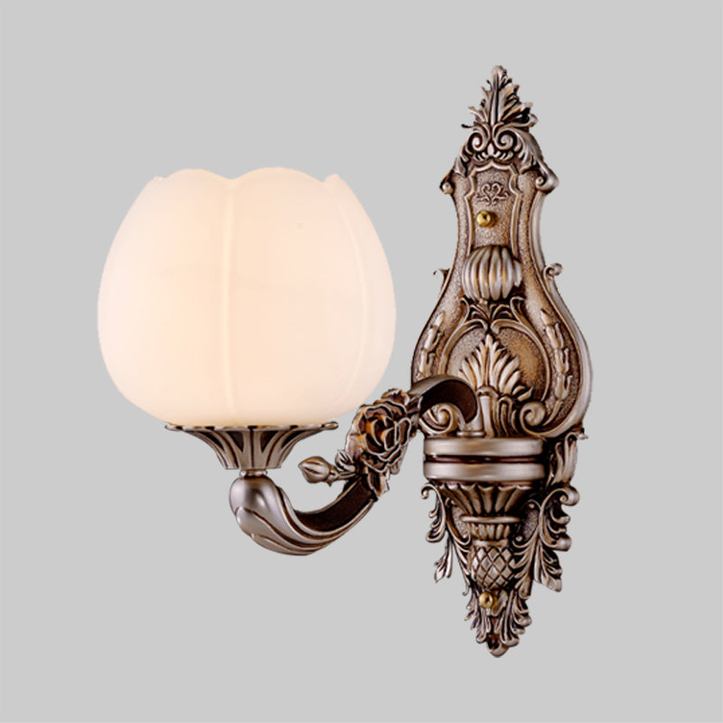 Frosted Glass Bloom Wall Lighting Vintage 1/2-Head Living Room Wall Light Sconce with Curved Arm in Coffee Clearhalo 'Wall Lamps & Sconces' 'Wall Lights' Lighting' 1425372