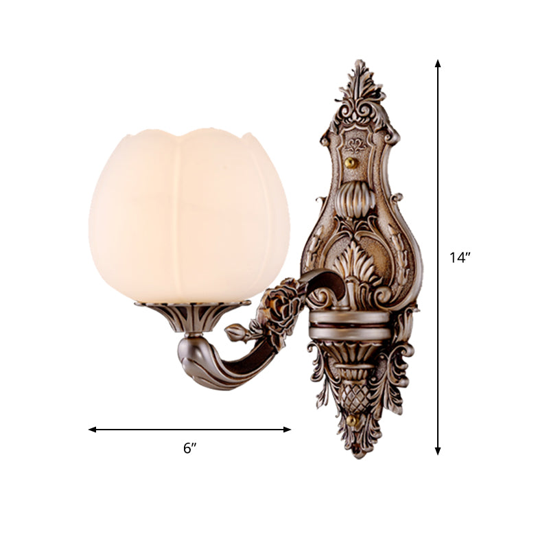 Frosted Glass Bloom Wall Lighting Vintage 1/2-Head Living Room Wall Light Sconce with Curved Arm in Coffee Clearhalo 'Wall Lamps & Sconces' 'Wall Lights' Lighting' 1425373