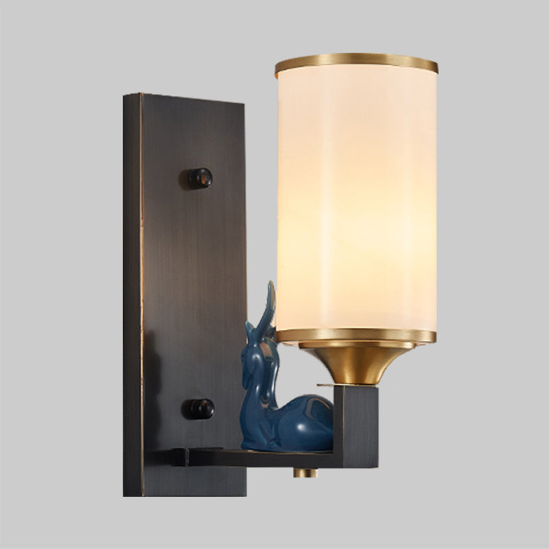 Antiqued Column Sconce Light Single Bulb Opal Glass Wall Lighting Idea with Rectangular Backplate in White Clearhalo 'Wall Lamps & Sconces' 'Wall Lights' Lighting' 1425376