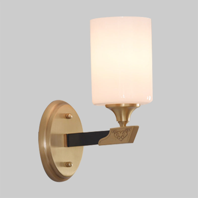 1/2-Head Cylindrical Wall Lamp Traditional Black-Gold White Glass Wall Mount Light Fixture Clearhalo 'Wall Lamps & Sconces' 'Wall Lights' Lighting' 1425380