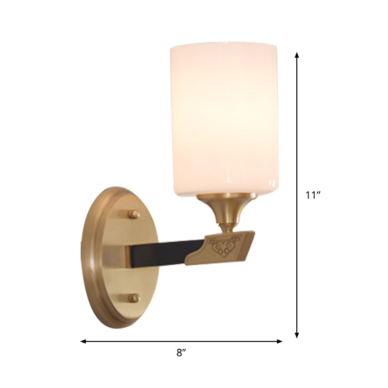 1/2-Head Cylindrical Wall Lamp Traditional Black-Gold White Glass Wall Mount Light Fixture Clearhalo 'Wall Lamps & Sconces' 'Wall Lights' Lighting' 1425381