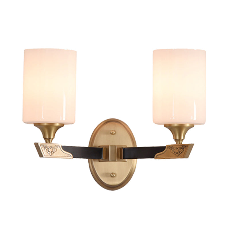 1/2-Head Cylindrical Wall Lamp Traditional Black-Gold White Glass Wall Mount Light Fixture Clearhalo 'Wall Lamps & Sconces' 'Wall Lights' Lighting' 1425384