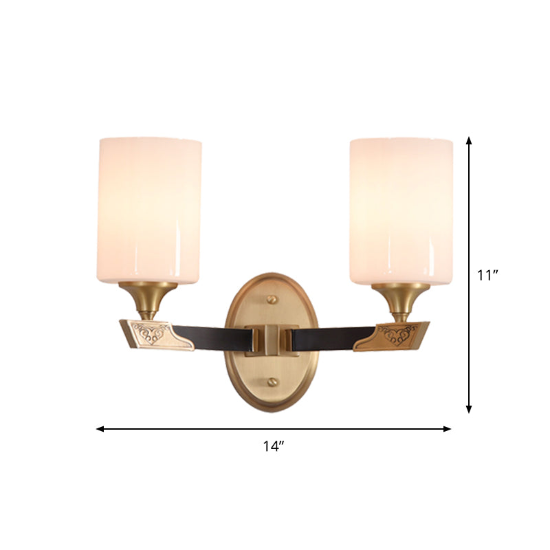 1/2-Head Cylindrical Wall Lamp Traditional Black-Gold White Glass Wall Mount Light Fixture Clearhalo 'Wall Lamps & Sconces' 'Wall Lights' Lighting' 1425386