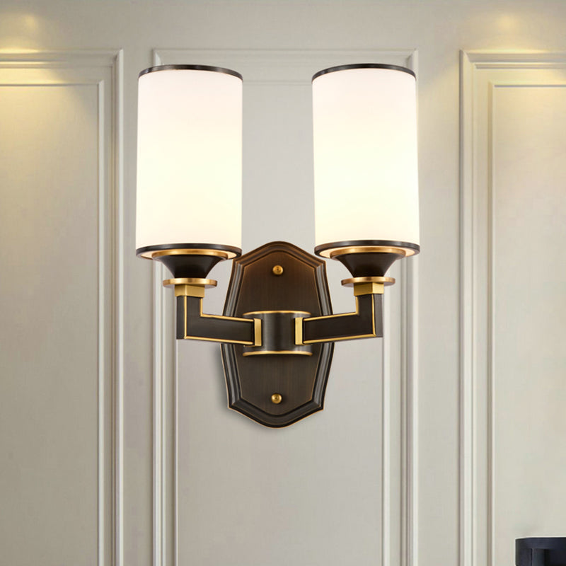 Column Milky Glass Wall Sconce Countryside 1/2-Light Corridor Wall Lighting Fixture with Right Angle Arm in Black and Gold 2.0 Black-Gold Clearhalo 'Wall Lamps & Sconces' 'Wall Lights' Lighting' 1425387