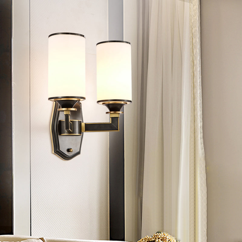 Column Milky Glass Wall Sconce Countryside 1/2-Light Corridor Wall Lighting Fixture with Right Angle Arm in Black and Gold Clearhalo 'Wall Lamps & Sconces' 'Wall Lights' Lighting' 1425388