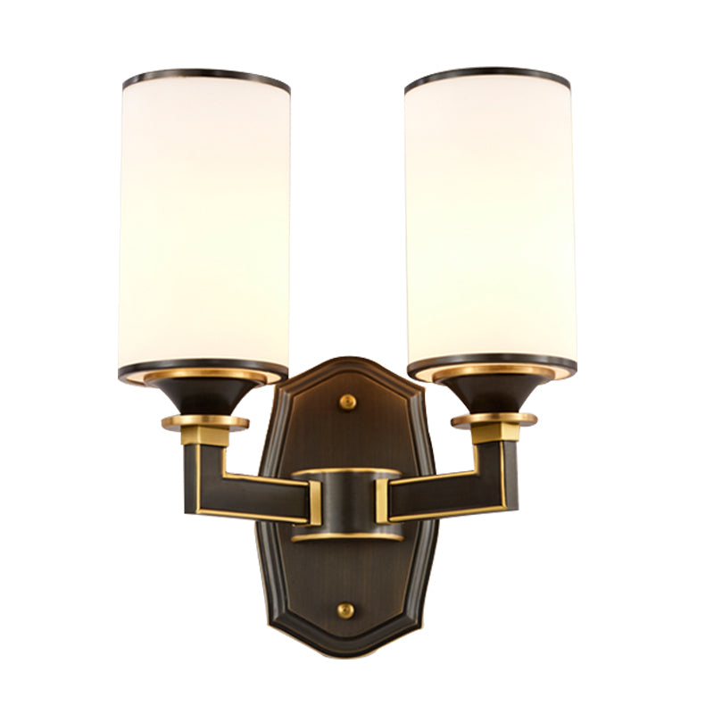 Column Milky Glass Wall Sconce Countryside 1/2-Light Corridor Wall Lighting Fixture with Right Angle Arm in Black and Gold Clearhalo 'Wall Lamps & Sconces' 'Wall Lights' Lighting' 1425389