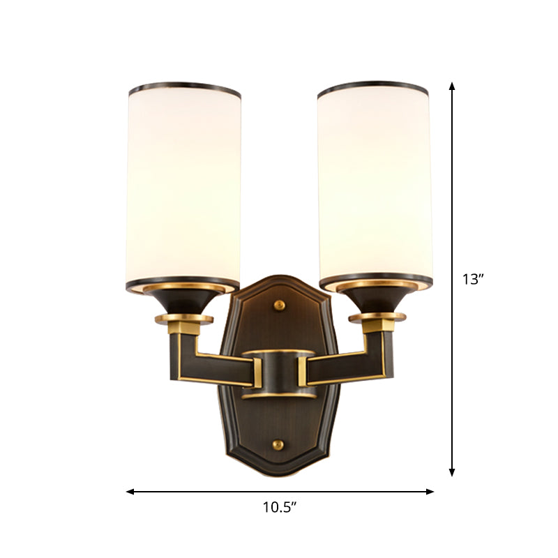 Column Milky Glass Wall Sconce Countryside 1/2-Light Corridor Wall Lighting Fixture with Right Angle Arm in Black and Gold Clearhalo 'Wall Lamps & Sconces' 'Wall Lights' Lighting' 1425390