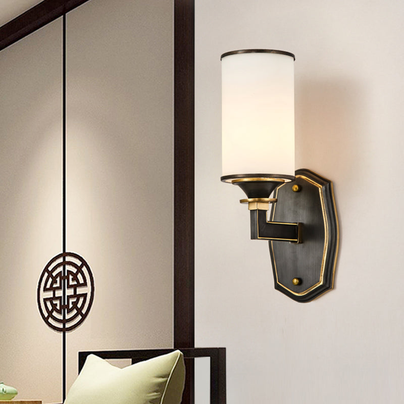 Column Milky Glass Wall Sconce Countryside 1/2-Light Corridor Wall Lighting Fixture with Right Angle Arm in Black and Gold 1.0 Black-Gold Clearhalo 'Wall Lamps & Sconces' 'Wall Lights' Lighting' 1425391