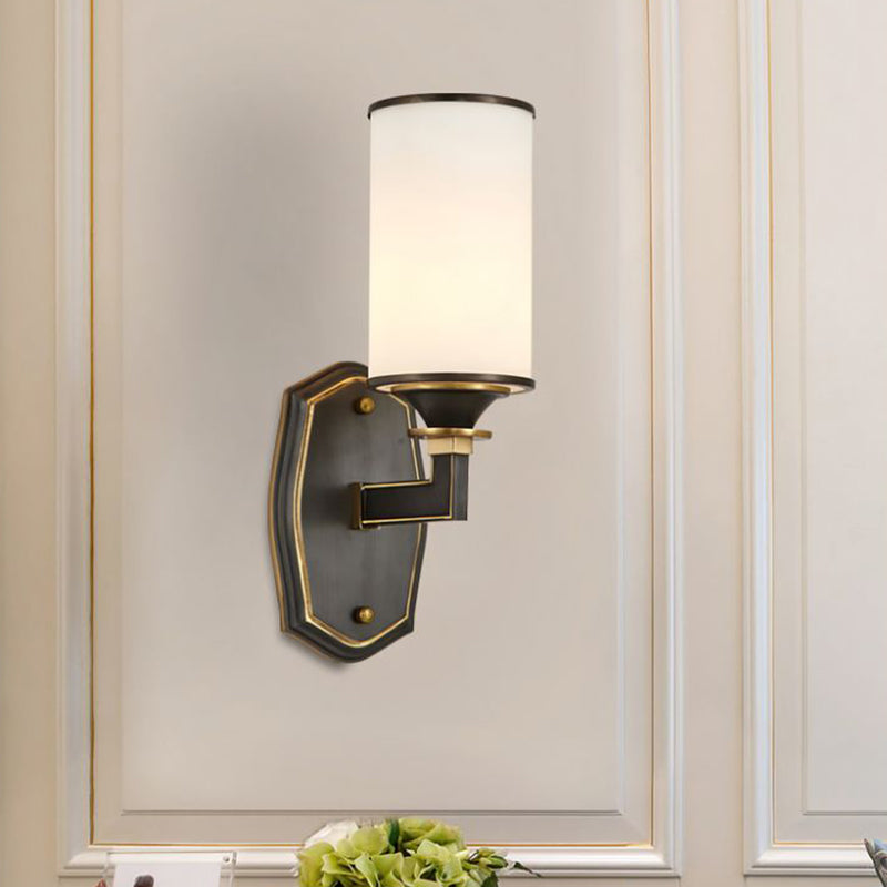 Column Milky Glass Wall Sconce Countryside 1/2-Light Corridor Wall Lighting Fixture with Right Angle Arm in Black and Gold Clearhalo 'Wall Lamps & Sconces' 'Wall Lights' Lighting' 1425392