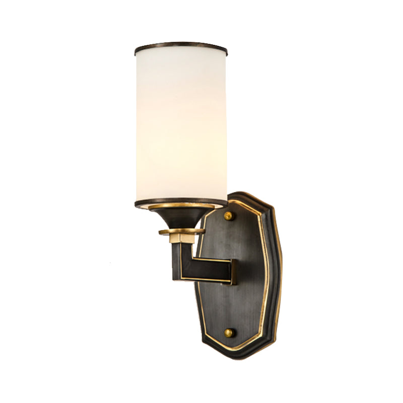 Column Milky Glass Wall Sconce Countryside 1/2-Light Corridor Wall Lighting Fixture with Right Angle Arm in Black and Gold Clearhalo 'Wall Lamps & Sconces' 'Wall Lights' Lighting' 1425393