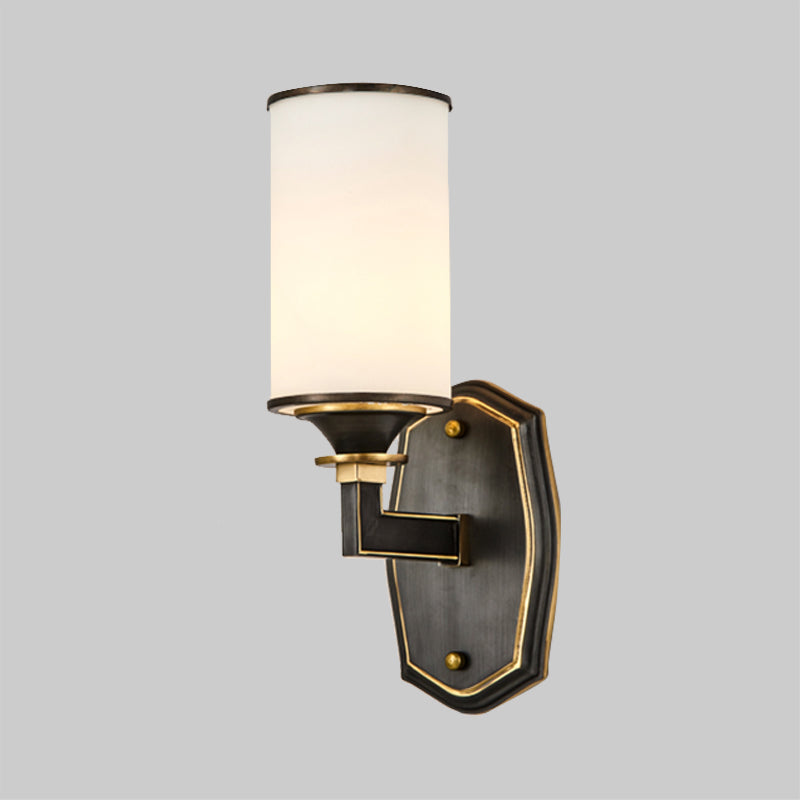 Column Milky Glass Wall Sconce Countryside 1/2-Light Corridor Wall Lighting Fixture with Right Angle Arm in Black and Gold Clearhalo 'Wall Lamps & Sconces' 'Wall Lights' Lighting' 1425394