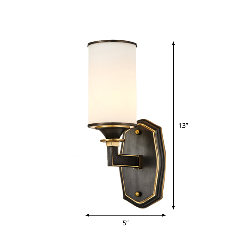 Column Milky Glass Wall Sconce Countryside 1/2-Light Corridor Wall Lighting Fixture with Right Angle Arm in Black and Gold Clearhalo 'Wall Lamps & Sconces' 'Wall Lights' Lighting' 1425395