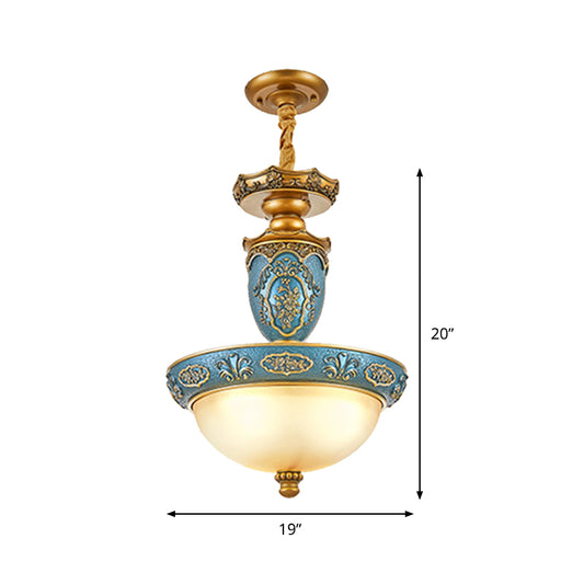 Frosted Glass Domed Pendant Light Farmhouse 3 Bulbs Dining Room Ceiling Lamp with Carving Blossom in Blue, 14.5"/19" Wide Clearhalo 'Ceiling Lights' 'Glass shade' 'Glass' 'Pendant Lights' 'Pendants' Lighting' 1425419