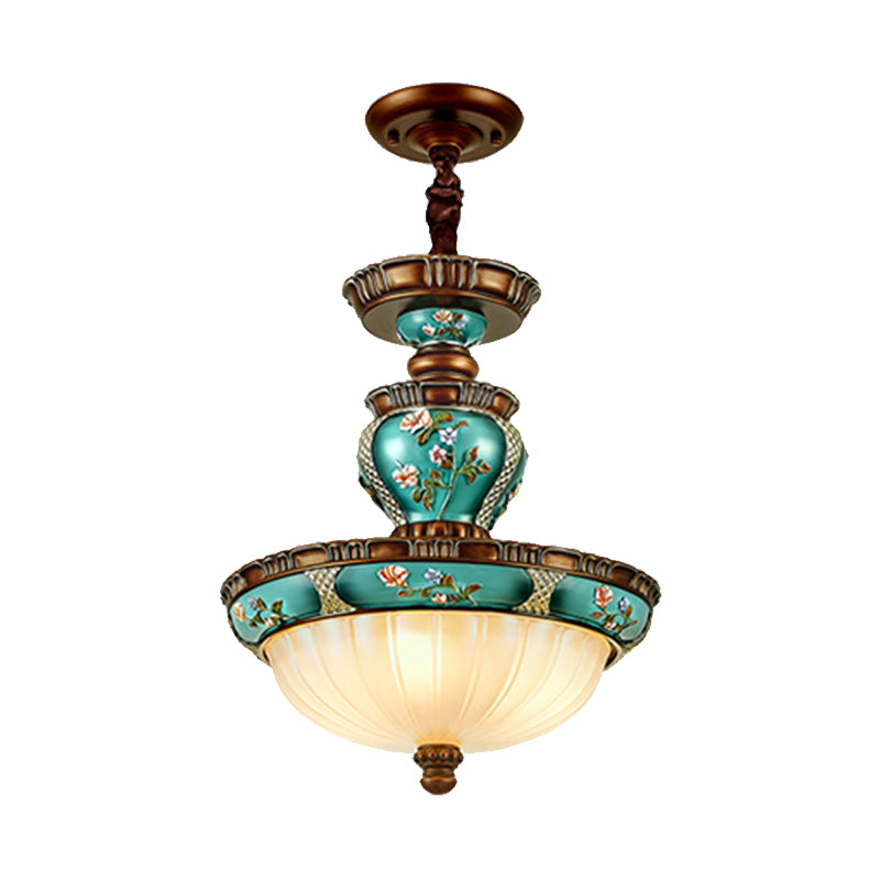 Vintage Dome-Shaped Hanging Lamp 15"/19" Wide 3 Heads Ribbed Glass Etching Down Lighting Idea in Blue Clearhalo 'Ceiling Lights' 'Close To Ceiling Lights' 'Glass shade' 'Glass' 'Pendant Lights' 'Pendants' Lighting' 1425427