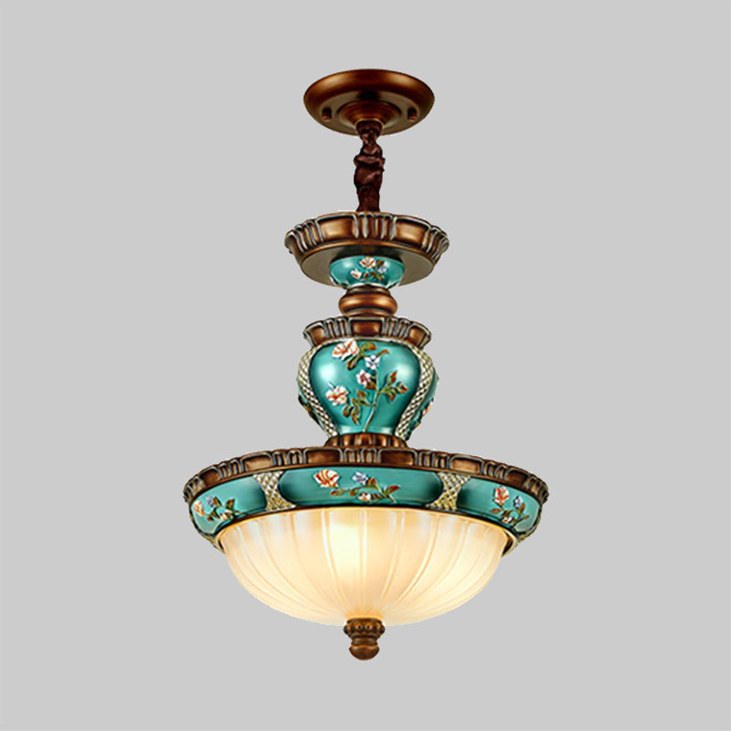 Vintage Dome-Shaped Hanging Lamp 15"/19" Wide 3 Heads Ribbed Glass Etching Down Lighting Idea in Blue Clearhalo 'Ceiling Lights' 'Close To Ceiling Lights' 'Glass shade' 'Glass' 'Pendant Lights' 'Pendants' Lighting' 1425428