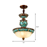 Vintage Dome-Shaped Hanging Lamp 15"/19" Wide 3 Heads Ribbed Glass Etching Down Lighting Idea in Blue Clearhalo 'Ceiling Lights' 'Close To Ceiling Lights' 'Glass shade' 'Glass' 'Pendant Lights' 'Pendants' Lighting' 1425429