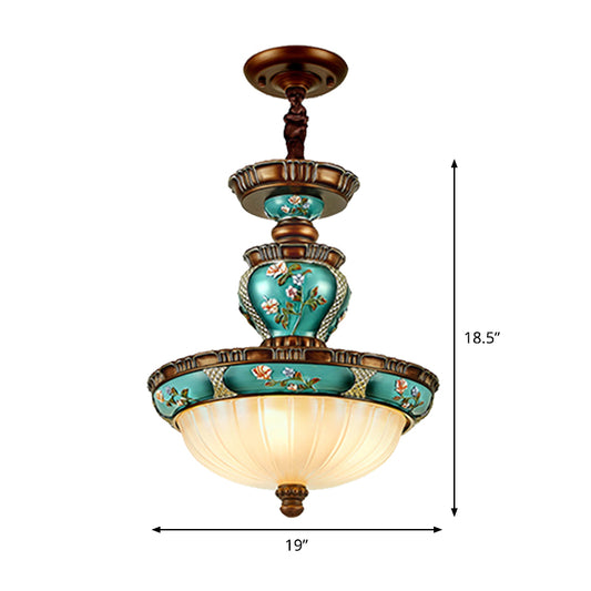 Vintage Dome-Shaped Hanging Lamp 15"/19" Wide 3 Heads Ribbed Glass Etching Down Lighting Idea in Blue Clearhalo 'Ceiling Lights' 'Close To Ceiling Lights' 'Glass shade' 'Glass' 'Pendant Lights' 'Pendants' Lighting' 1425430