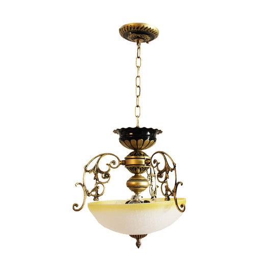 3 Lights Pendant Chandelier Country Bowl-Like Milk Glass Pendulum Lighting with Branch Decor in Bronze Clearhalo 'Ceiling Lights' 'Chandeliers' Lighting' options 1425445