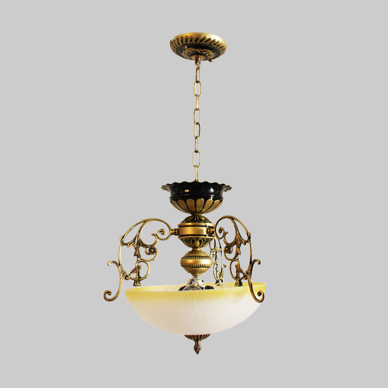 3 Lights Pendant Chandelier Country Bowl-Like Milk Glass Pendulum Lighting with Branch Decor in Bronze Clearhalo 'Ceiling Lights' 'Chandeliers' Lighting' options 1425446