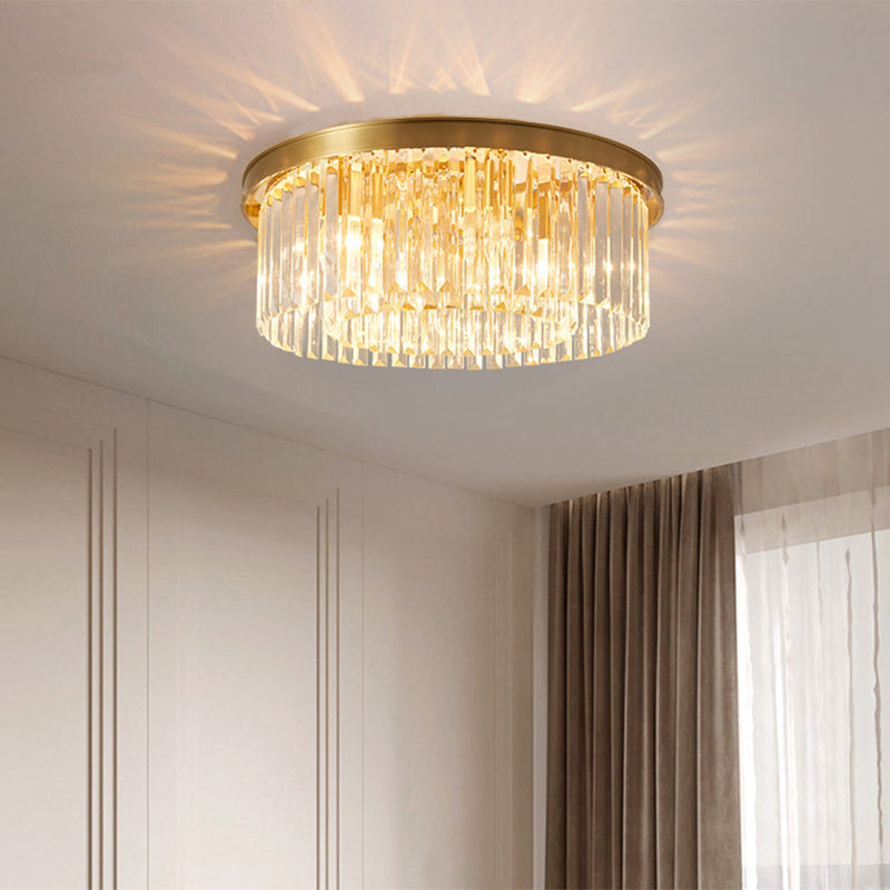 4/5 Bulbs Clear Crystal Prisms Light Fixture Gold Round Bedroom Flush Mount Lamp, 16"/19.5" Wide Clear Clearhalo 'Ceiling Lights' 'Close To Ceiling Lights' 'Close to ceiling' 'Flush mount' Lighting' 1425493